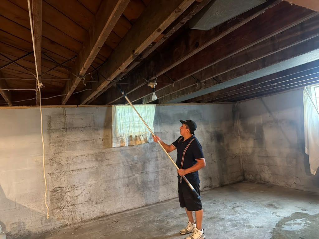 Worker dusting high basement rafters with an extension pole